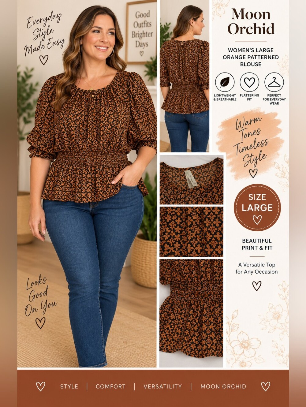 Moon orchard women's large orange patterned blouse #30
